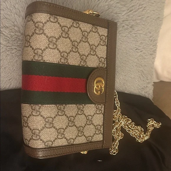 Gucci Monogram Beige and Brown Chain Wallet - Picture 1 of 2